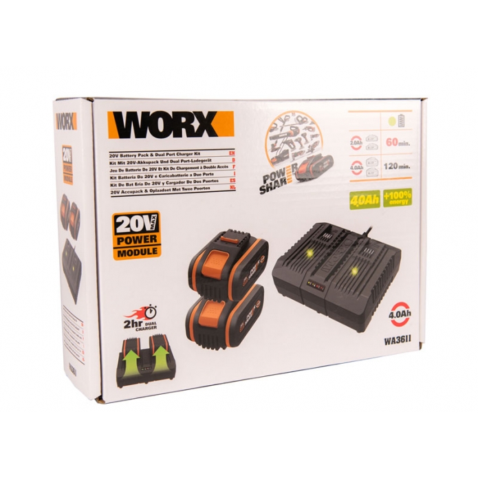 Комплект WORX WA3611 20V: 2 аккумулятора 4Ач и двойное зарядное устройство 2А