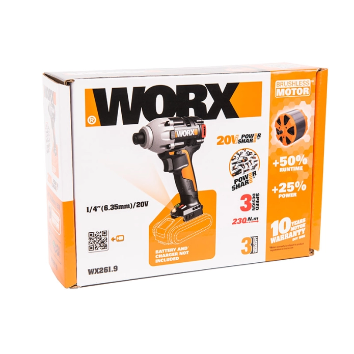 Винтоверт бесщеточный ударный WORX WX261.9 20V (230Нм) аккумуляторный