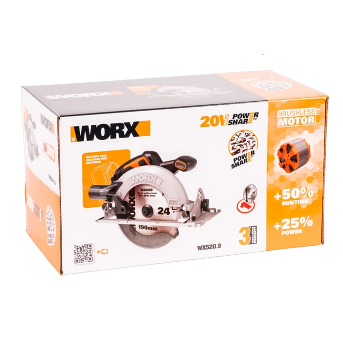 Циркулярная пила WORX WX520.9 20V (190мм) бесщеточная аккумуляторная