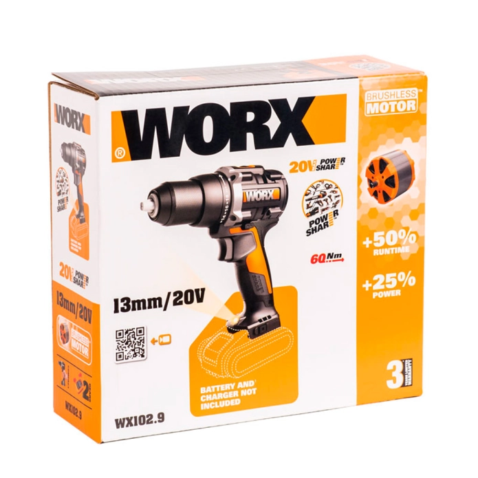 Дрель-шуруповерт WORX WX102.9 20V (60Нм) бесщеточная аккумуляторная 