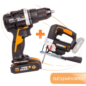 Монтажный набор WORX: Дрель-шуруповерт аккумуляторная WX102 + Фонарь WX027.9 + Сабельная пила WORX + Дисковая пила компактная WX439