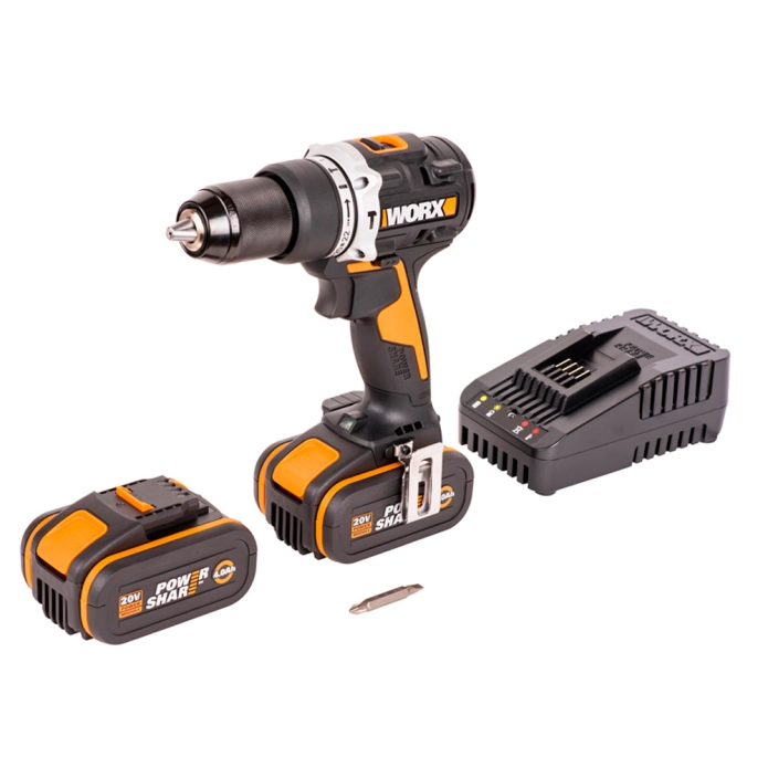 Дрель-шуруповерт ударная WORX WX352.1 20V 60Нм аккумуляторная бесщеточная, 4Ач x2, ЗУ 2А
