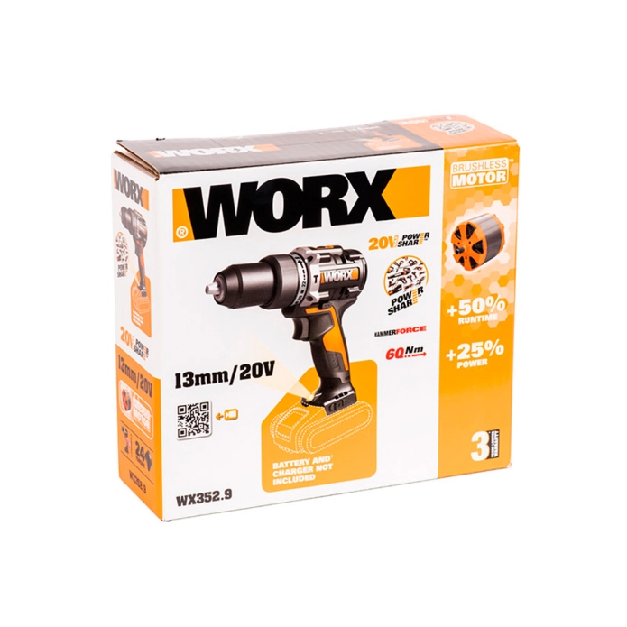 Дрель-шуруповерт ударная WORX WX352.9 20V 60Нм аккумуляторная бесщеточная