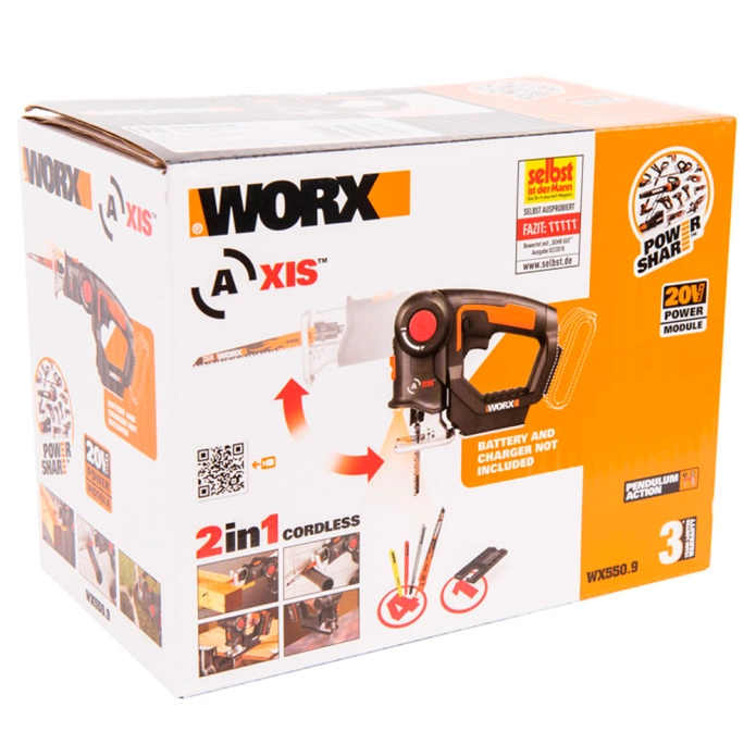Лобзик-сабельная пила 2 в 1 WORX Axis WX550.9, щеточный аккумуляторный