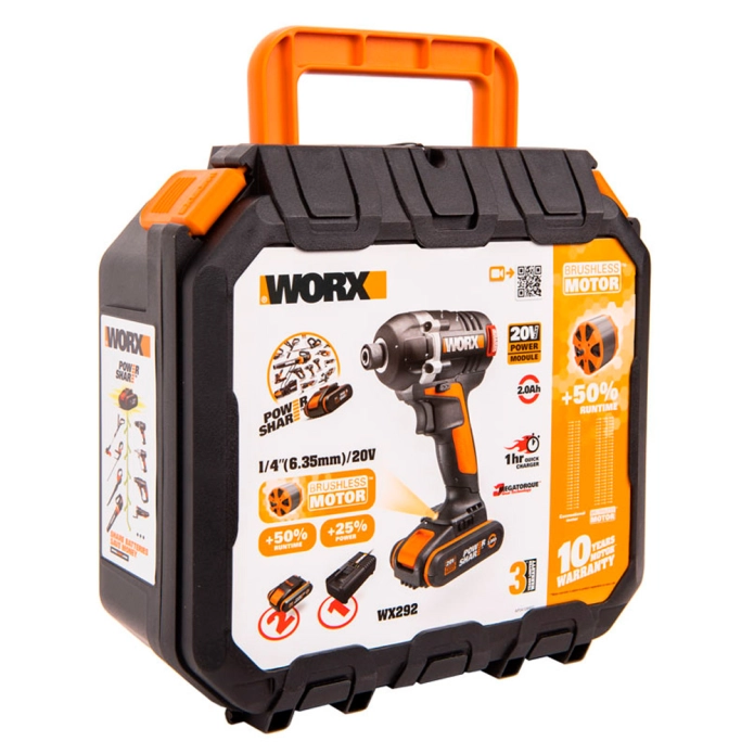 Винтоверт аккумуляторный, бесщеточный WORX WX292, 20В, 2Ач х2, кейс