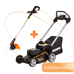 Газонокосилка аккумуляторная WORX WG748E + в подарок триммер аккумуляторный WORX WG157E