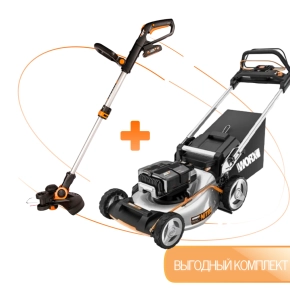 Газонокосилка аккумуляторная WORX WG761E + в подарок триммер аккумуляторный WORX WG163E.2